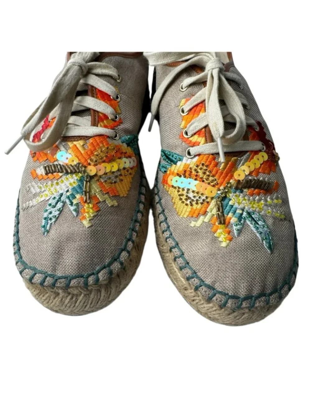 Nine West Guinup Linen Oxford Flat Espadrille Sneaker Tropical Sequins Women 10